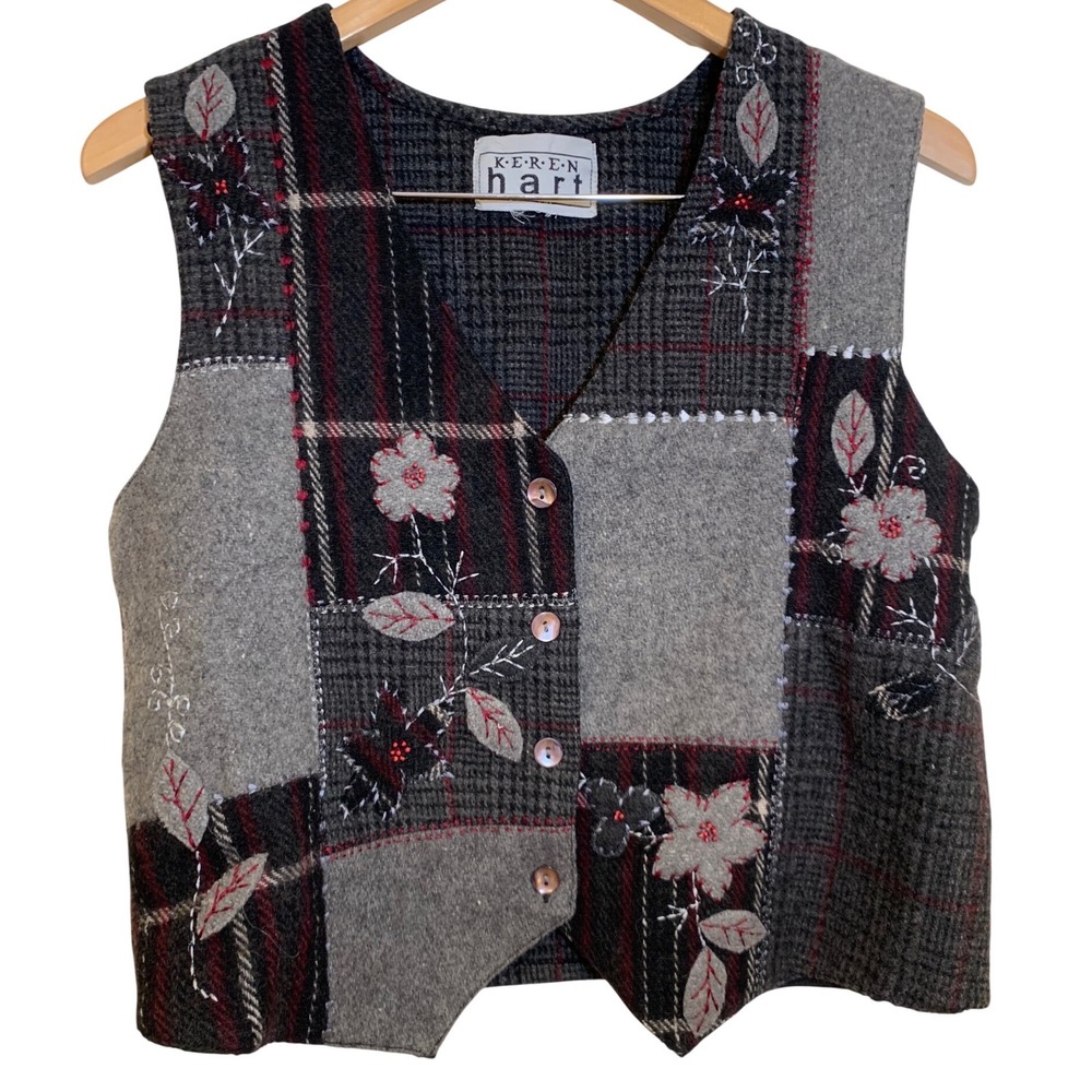 VTG Patchwork beaded embroidered Vest M Wool Blend Cottagecore Boho Womens